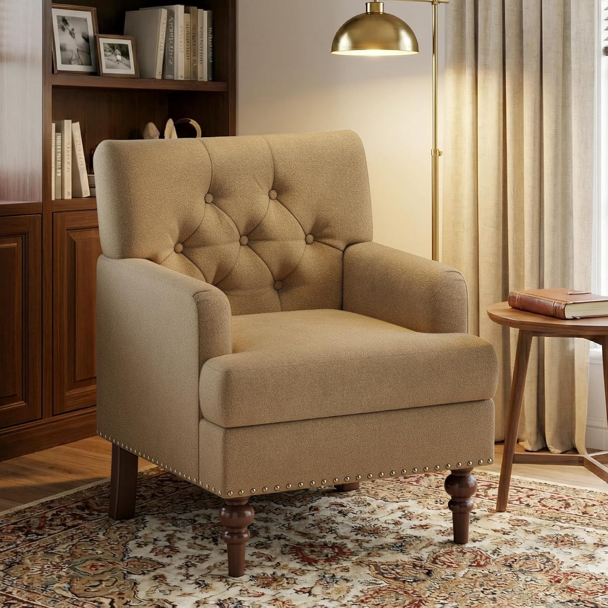 MALOL Upholstered Accent Chair Set of 2, Comfy Reading Chair for Living Room, Mid Century Modern Armchair with Thick Cushion & Solid Rubberwood Legs, for Bedroom/Small Spaces, Brown