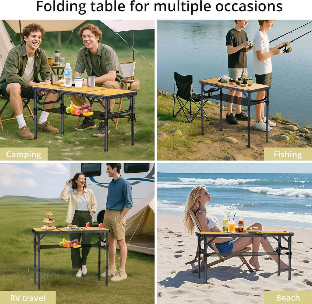 Anbte 3ft Camping Table Foldable with Storage Net and Bag, 3 Adjustable Heights High 27.5" Aluminum Camping Table Portable, for Outdoor Indoor Backyard BBQ Cooking Party Picnic Beach, Light Oak Grain