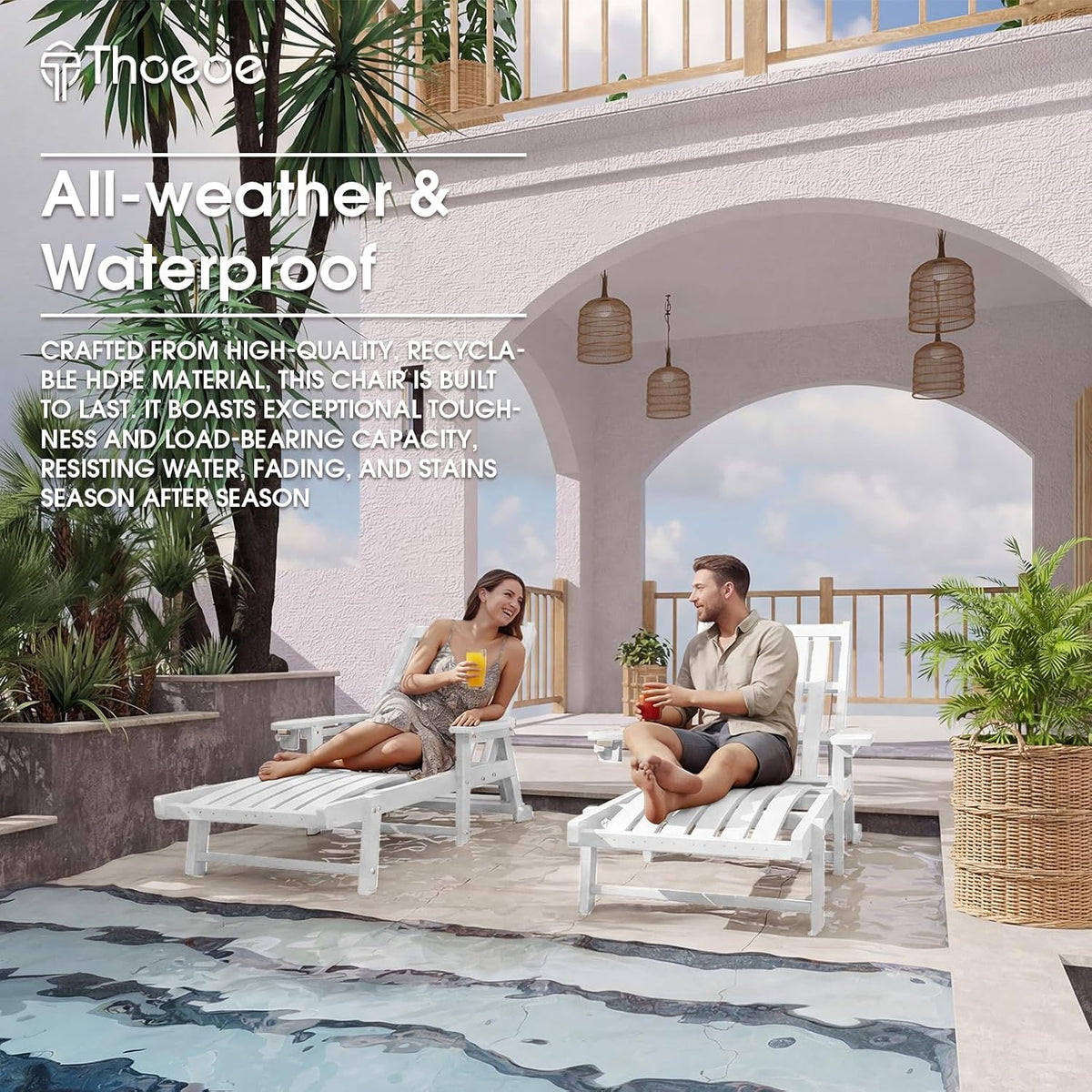 THOEOE Patio Chaise Lounge Chair,HDPE Lounge Chair Outdoor with Wheels | Oversized pool lounge chairs with cup holder, 5 adjustable position for patio,outside,pool,deck