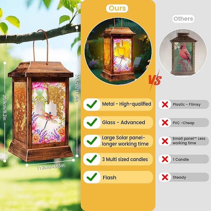 Dragonfly Solar Lanterns Outdoor Waterproof, Metal & Glass Hanging Lights Garden Decor, Birthday Gifts for Women Mom Grandma Mothers Day, Decorative Lights for Outside Yard Patio Backyard Porch