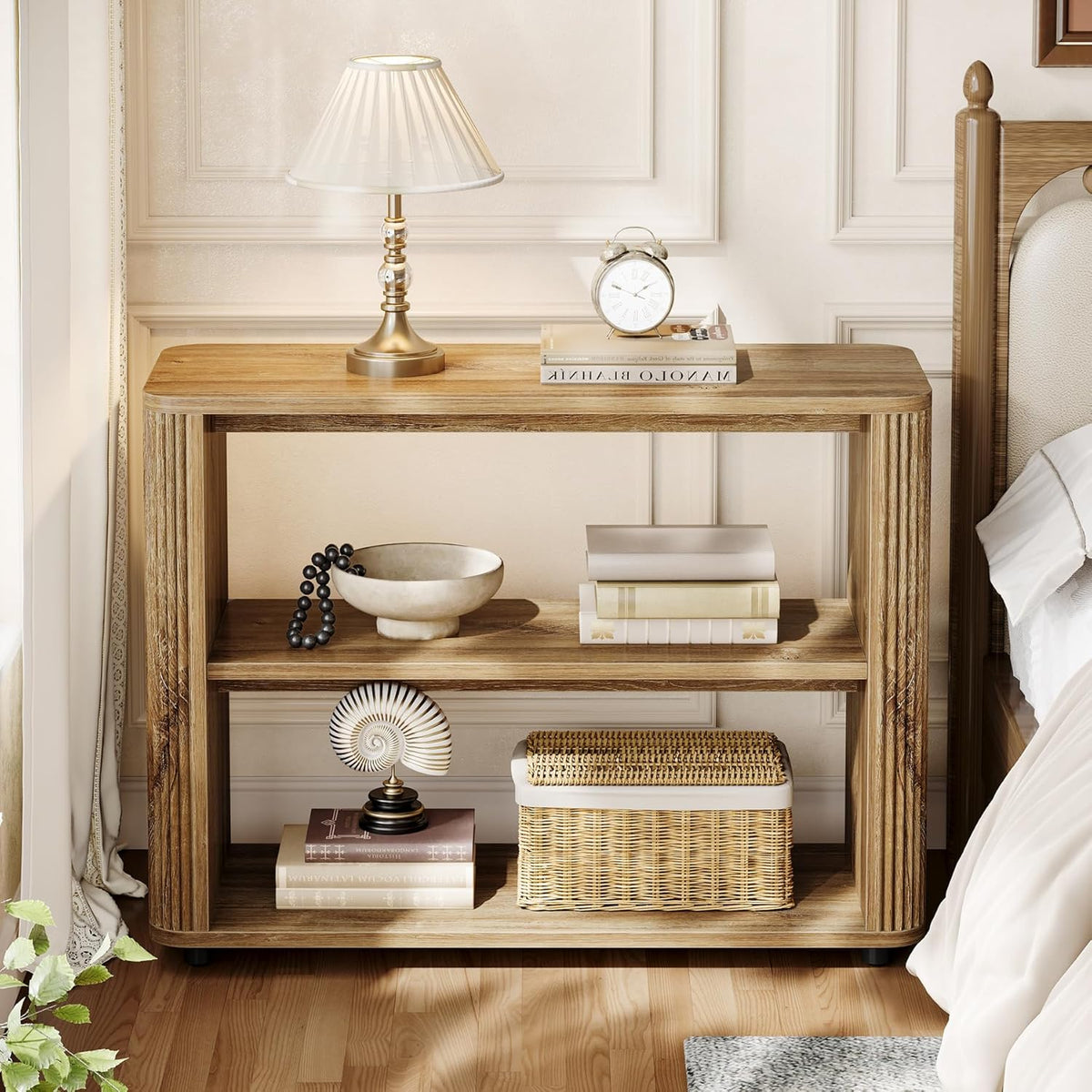 Tribesigns Narrow Side Table, 3-Tier End Table for Living Room, Small Fluted Nightstand with Storage Shelves, Farmhouse Bedside Table for Bedroom, Small Spaces, Sofa Couch, Natural