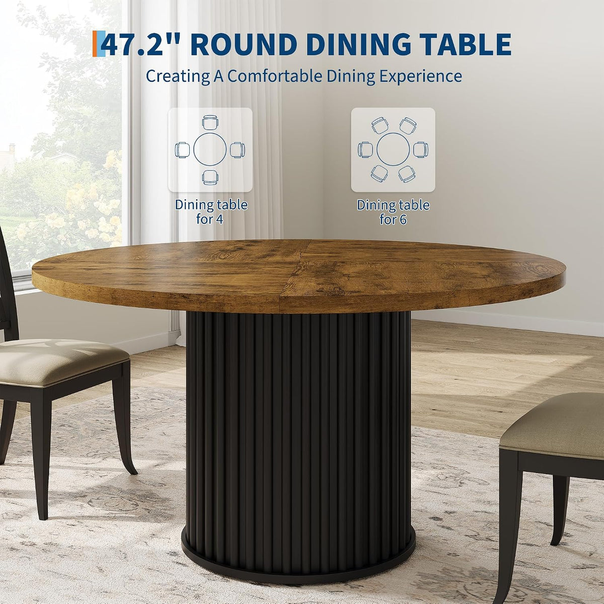 GarveeHome 47" Round Dining Table for 4-6 People, Dining Room Table with Sturdy Waveform Metal Pedestal Base, Farmhouse Circle Kitchen Table for Dining Room, Kitchen