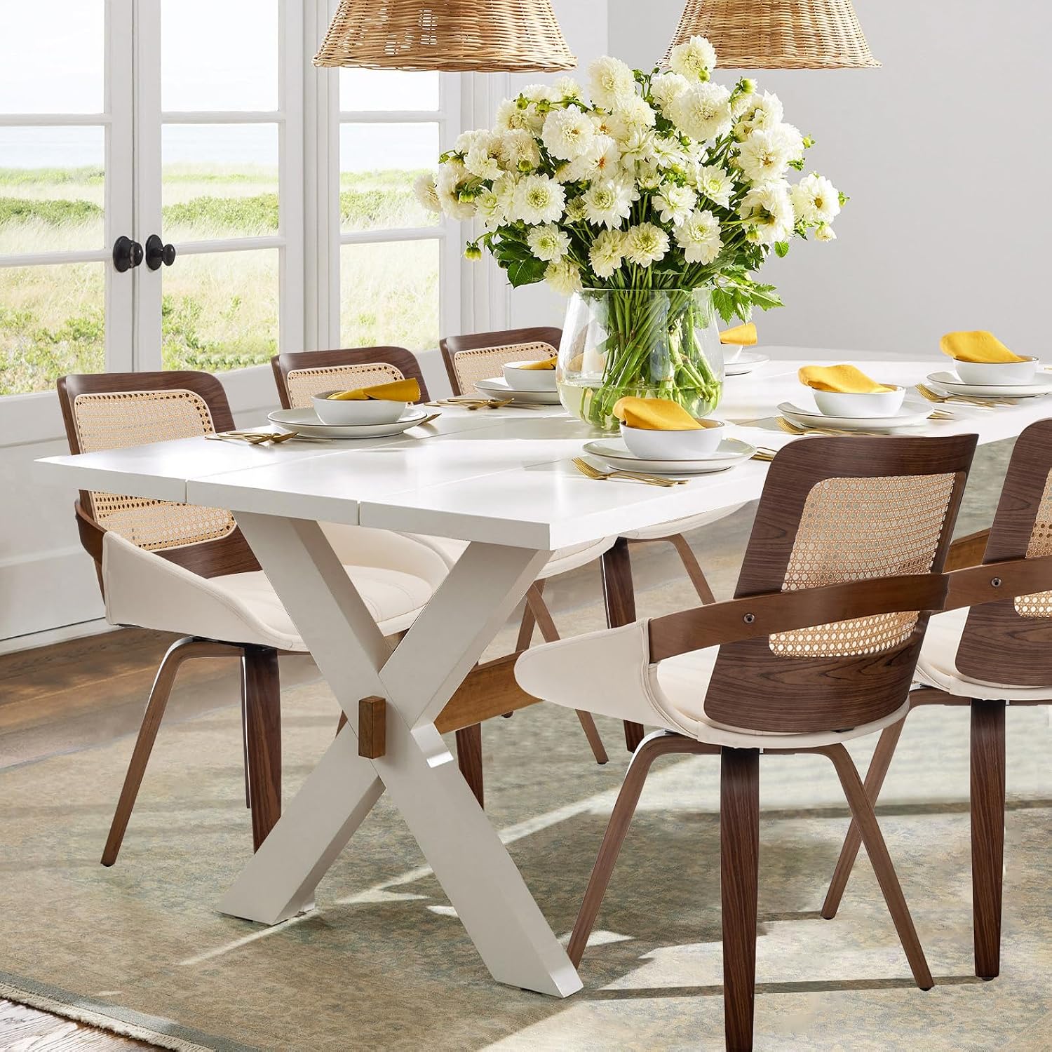 Set of 2 Swivel Dining Chairs - Kitchen Swivel Chairs with Bentwood Frame with Ergonomic Rattan Back, Curved Arms, Walnut Dining Chairs for Kitchen/Conference/Restaurant/Living Room (Walnut Beige)
