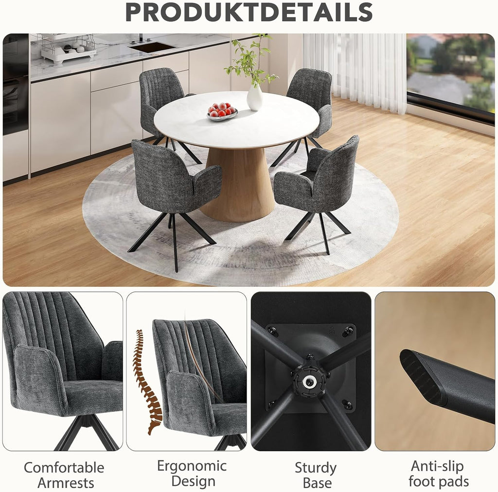 Furniliving Swivel Dining Chairs Set of 2, Upholstered Dining Room Chairs with Arms, 360° Swivel Dining Chairs with Metal Frame, Modern Kitchen Chairs for Lounge, Chenille, Darkgrey