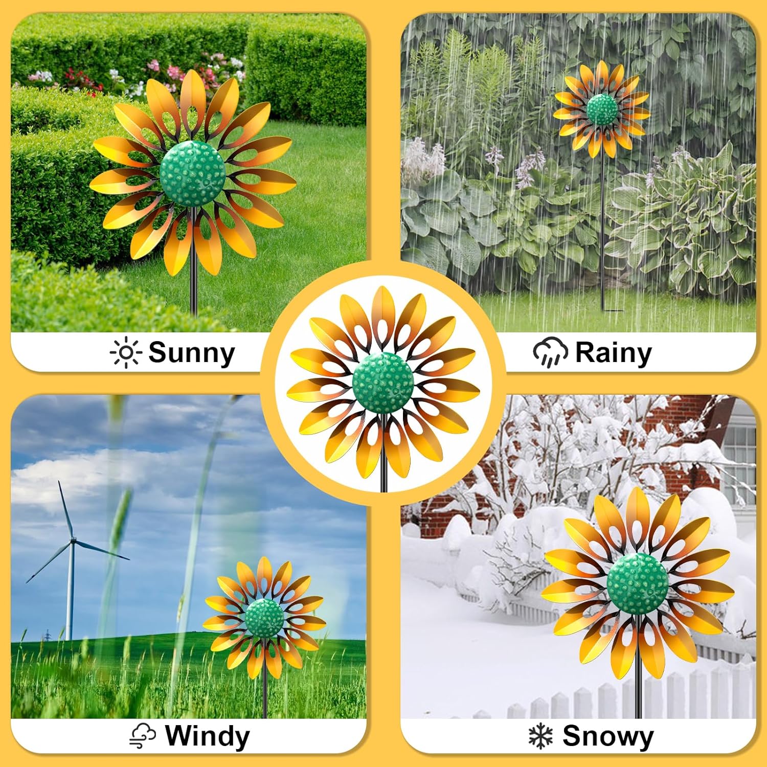 Sunflower Wind Spinners Outdoor, MeyRolizn Metal Pinwheel Wind Sculpture with Stake, Small Windmill for Garden Lawn Yard Patio Outside Art Decor(1pcs-Yellow)