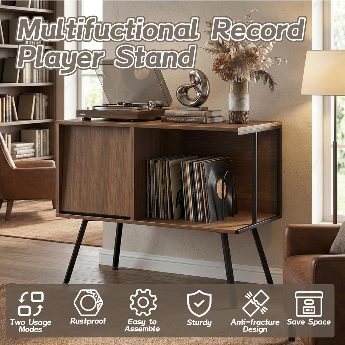Faesun Record Player Stand with Flip-Down Record Shelf, Walnut | Vinyl Record Storage Holds up to 150+ Albums, Turntable Stand with Album Display, Record Table with Large Open Storage