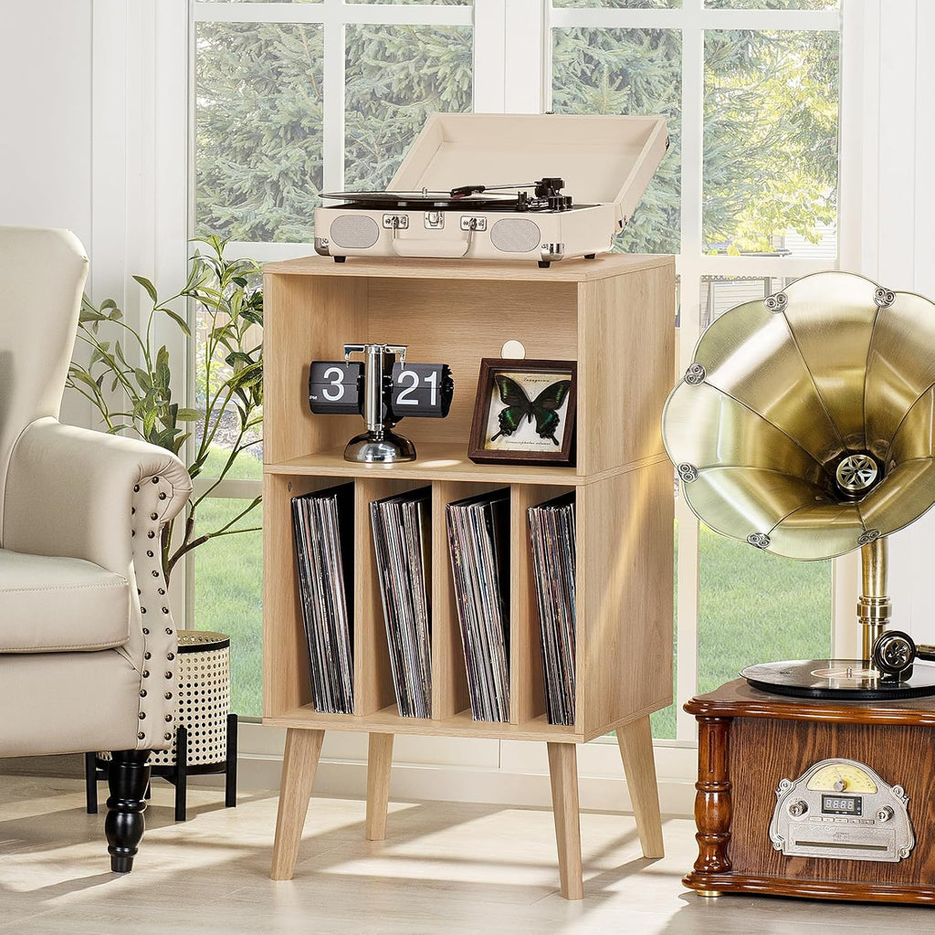 Lerliuo Record Player Stand, Turntable Stand Holds up to 160 Albums | Mid-Century Vinyl Storage Cabinet Table,Solid Wood Legs, Record Player Holder Dispaly Shelf for Living Room,Burlywood
