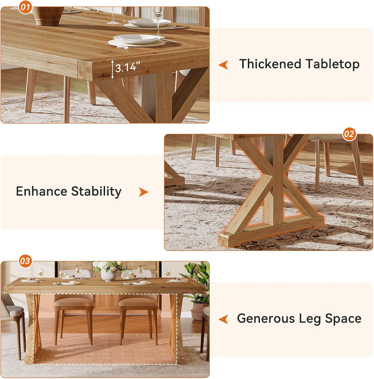 Solid Wood Dining Table for 4-6, 63-Inch Farmhouse Kitchen Table with Sturdy Legs, Wooden Rectangular Dinner Furniture for Kitchen, Dining Room, Light Brown