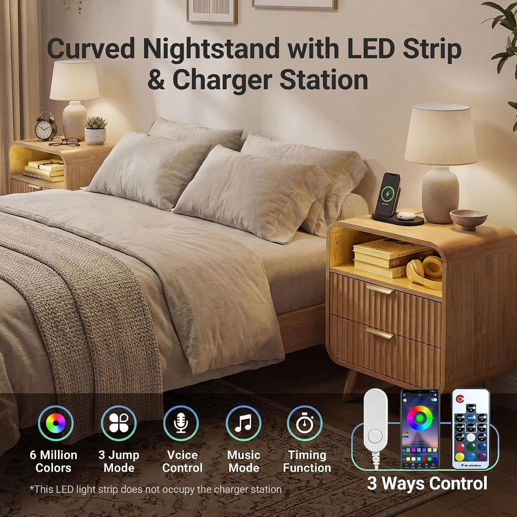 24" Curved Nightstand Set of 2,Night Stand with Charging Station & LED Light,Modern Fluted Bedside Table with 2 Drawers,Wooden End Table with Open Shelf for Bedroom,Natural