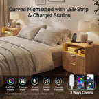 24" Curved Nightstand Set of 2,Night Stand with Charging Station & LED Light,Modern Fluted Bedside Table with 2 Drawers,Wooden End Table with Open Shelf for Bedroom,Natural