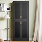 Cozy Castle Kitchen Pantry Cabinet, 71" Tall Rattan Doors Storage Cabinet and Adjustable Shelves, Modern Farmhouse Wood Cupboard Utility Hutch for Kitchen, Dining Room, Living Room (Black)