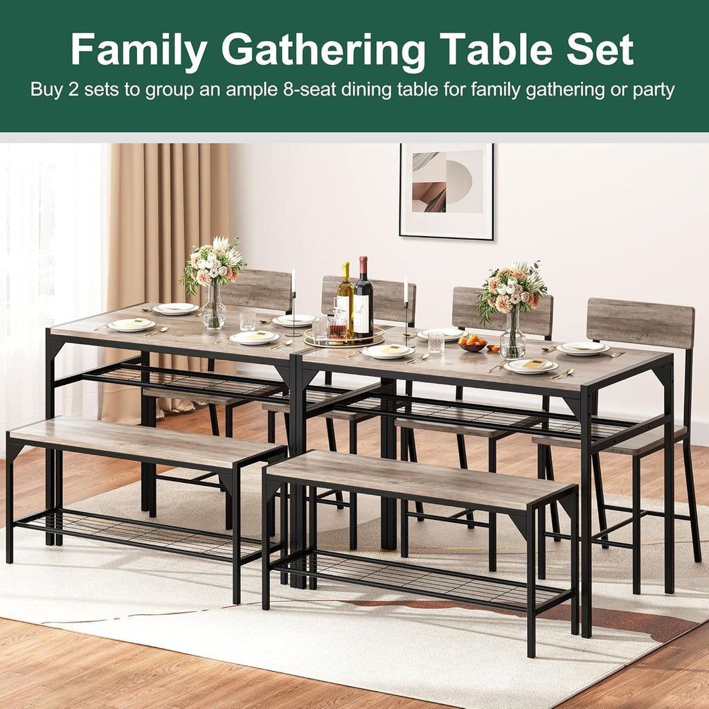Shintenchi Kitchen Table Chairs Set of 4 with Bench and Chairs, Oak Gray | Dining Table Set for 4, 4 Pieces Kitchen Table Set, Storage Rack & Metal Frame, for Small Space, Upgrated Leg Support