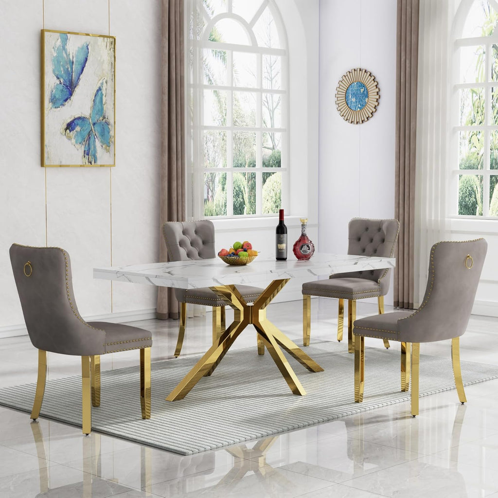 5 Piece Marble Dining Set for 4, 70.87" Rectangular Dining Room Table with 4 Grey Velvet Chairs, Gold Stainless Steel Frame, Luxury Modern Kitchen Table Set for Dining Room, Easy Assembly