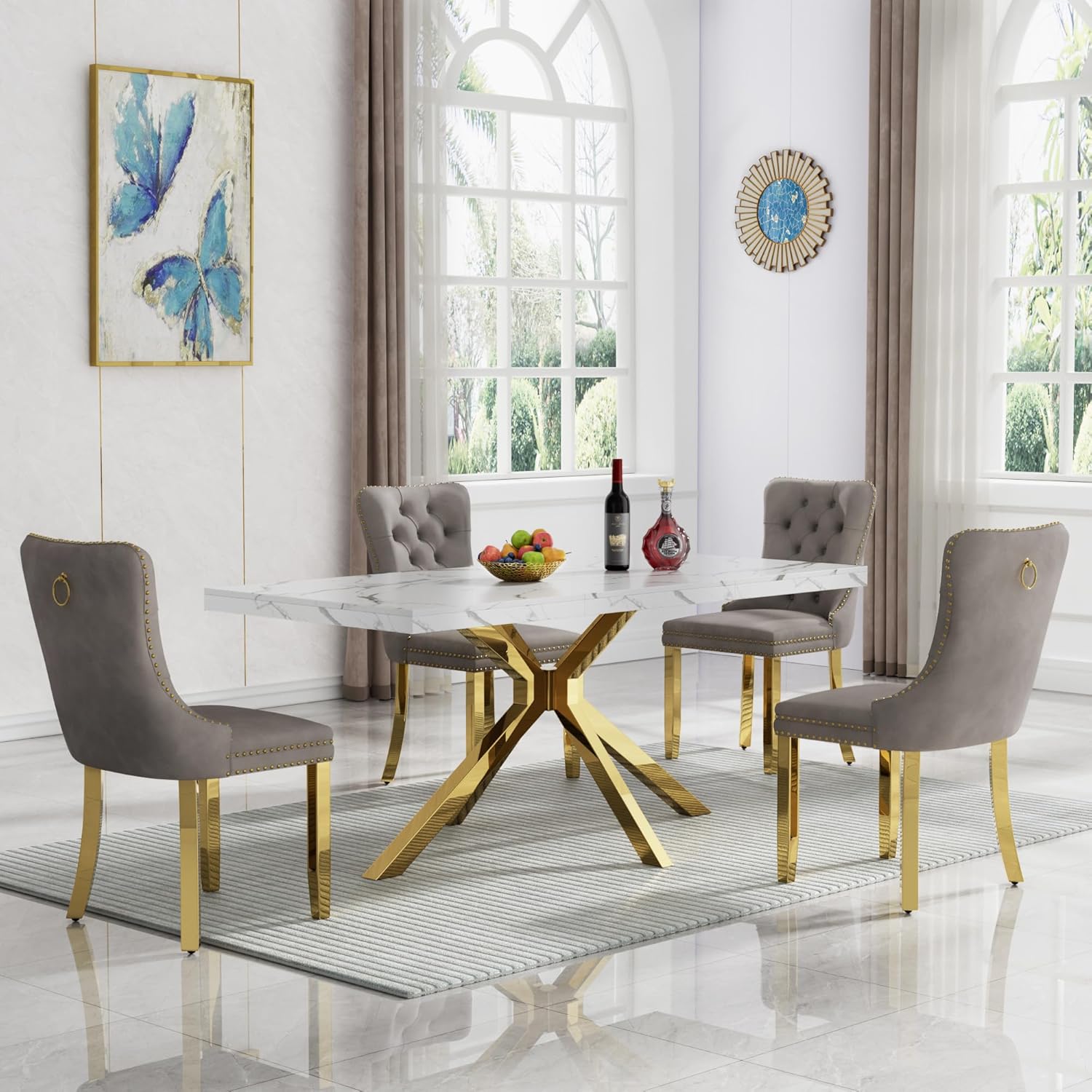5 Piece Marble Dining Set for 4, 70.87" Rectangular Dining Room Table with 4 Grey Velvet Chairs, Gold Stainless Steel Frame, Luxury Modern Kitchen Table Set for Dining Room, Easy Assembly