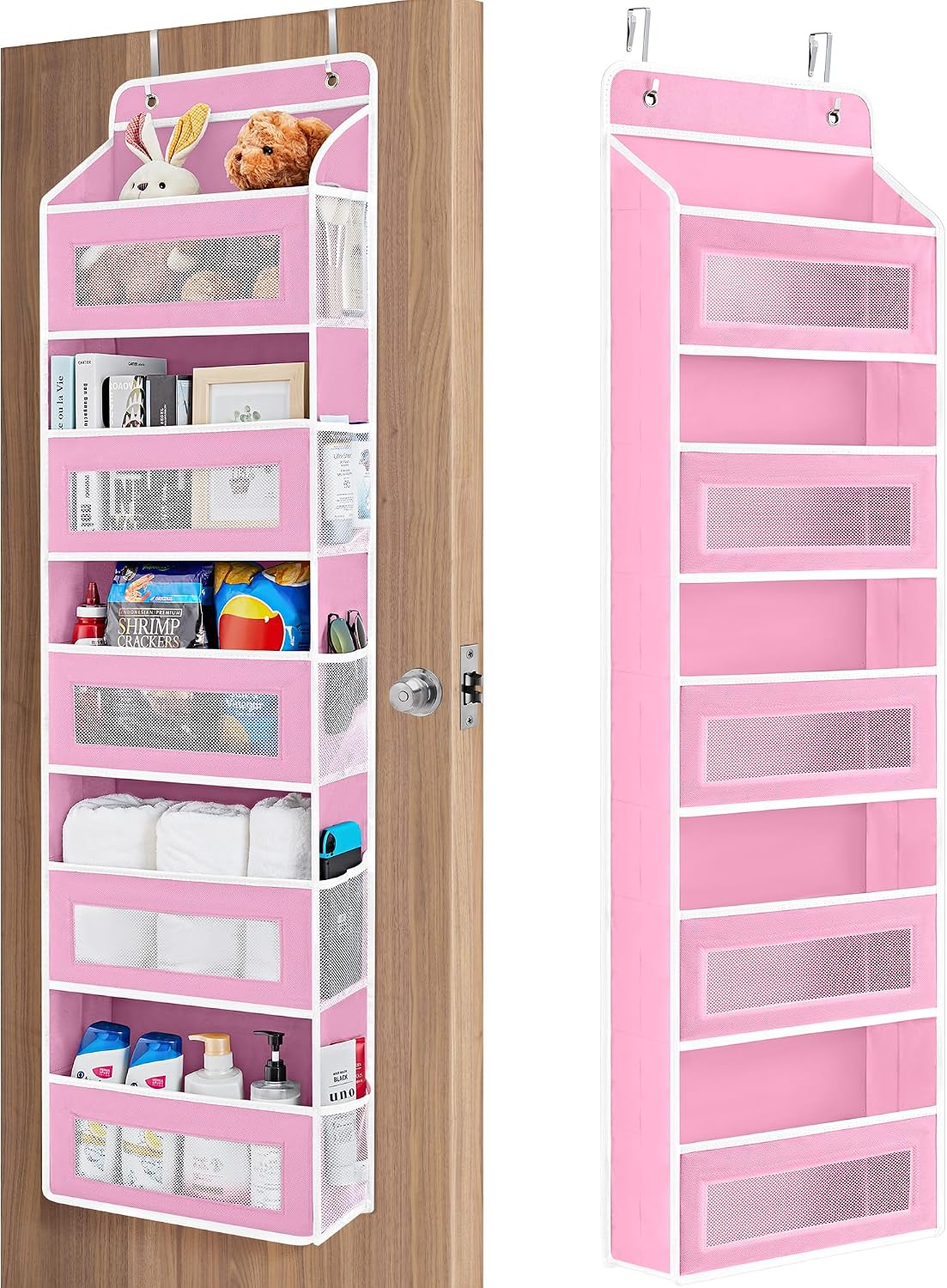 JARLINK Over the Door Organizer for Bedroom, Pantry, Bathroom, 5 Shelf Pink | Anti-Tilt Design, 44 lb Load Capacity, Hanging Door Organizer with 5 Large Capacity Pockets, Behind Door Storage for Nursery