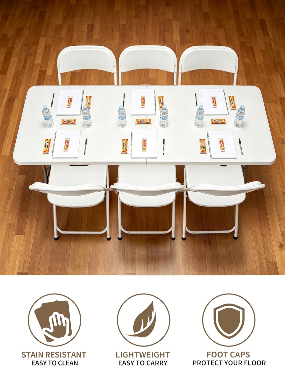 6Ft Folding Table, Heavy Duty Fold-in-Half Portable Plastic White | HDPE portable table indoor outdoor. Camp table, picnic table, party use. Lightweight holds 350 lbs. Easy fold side table