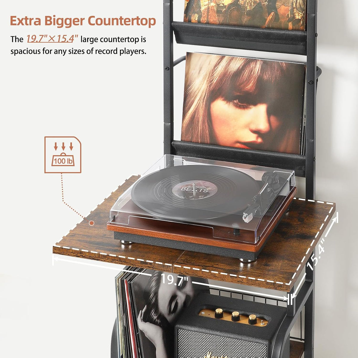 Tewinko Record Player Stand with Vinyl Storage, Record Player Table with Vinyl Record Storage up to 200 Albums, Turntable Stand with Record Holder Display Shelf, Record Player Cabinet Organizer Rack