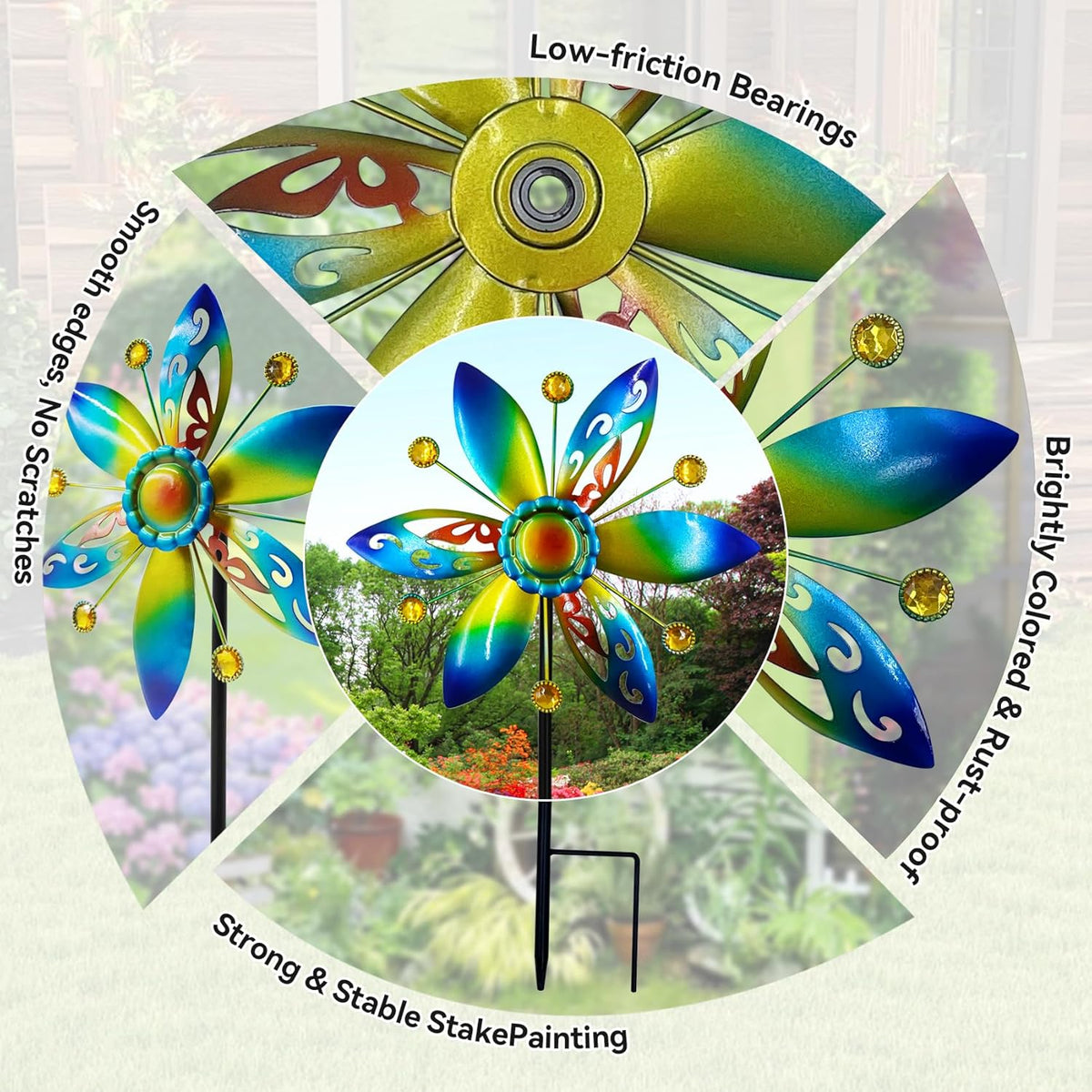 Small Wind Spinner for Outdoor, Kinetic Wind Spinner & Sculpture with Butterfly Cutout Blades & Yellow Acrylic Beads, Decorative Windmill Metal Yard Art for Patio, Lawn & Flower Bed