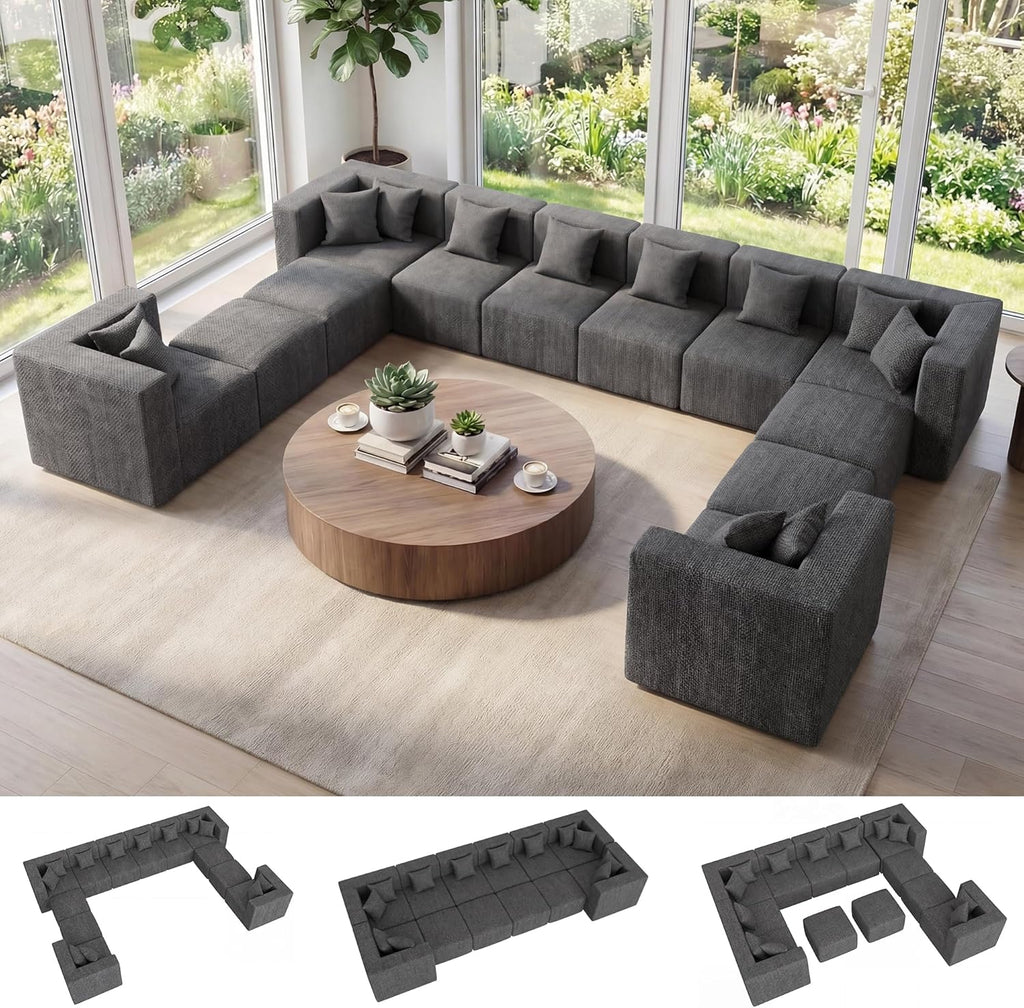 MONVANE Oversized Sectional Couch 12-Seat, Chenille, Gray | Sectional Couch for Living Room, Modular Cloud Sofa with Ottoman & 12 Throw Pillows, No Assembly Required