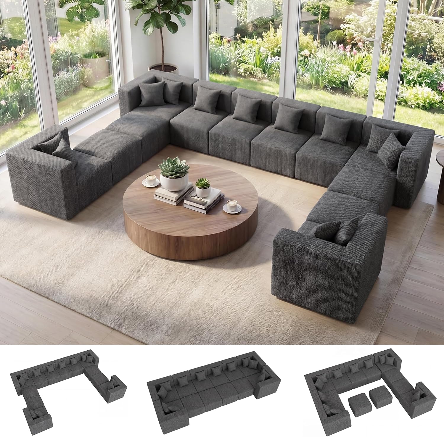 MONVANE Oversized Sectional Couch 12-Seat, Chenille, Gray | Sectional Couch for Living Room, Modular Cloud Sofa with Ottoman & 12 Throw Pillows, No Assembly Required