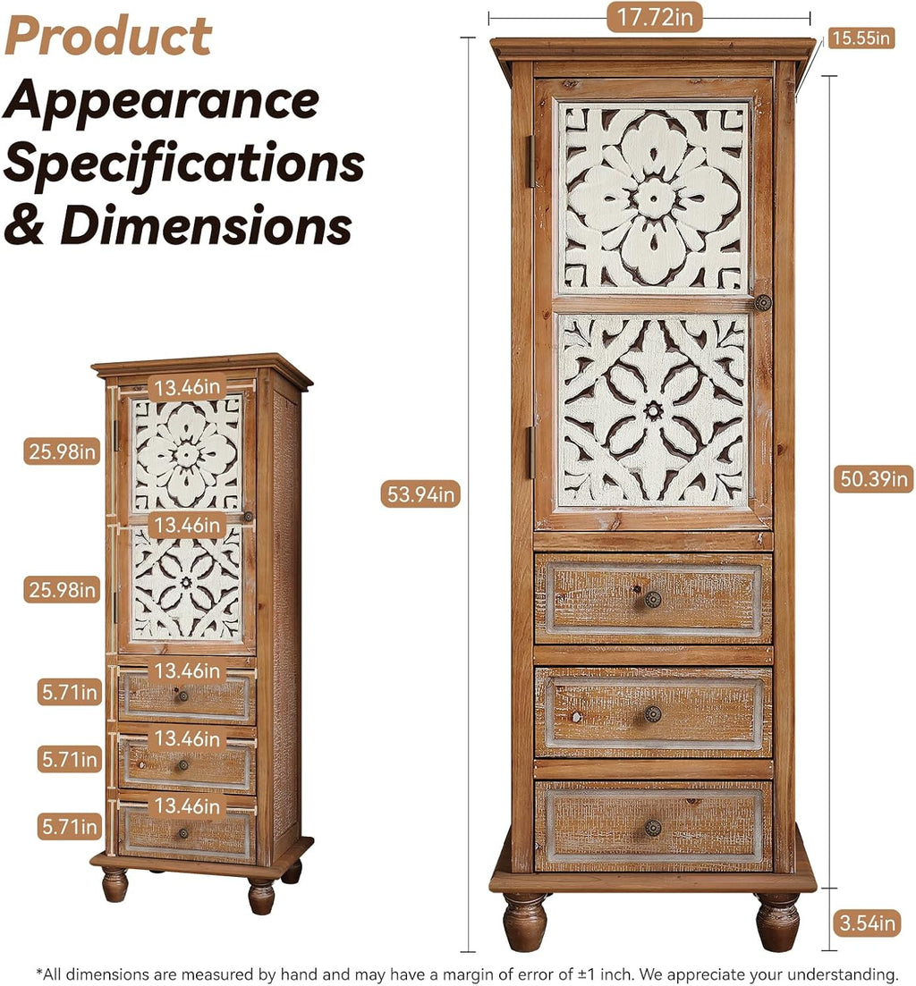 KTART 54''Tall Kitchen Pantry Cupboard Storage Cabine,Narrow Accent Cabinet | Solid Wood Frame;Farmhouse/French Country Narrow Corner Glass Display Cabinet;Narrow Storage Cabinet;Tall Accent Cabinet