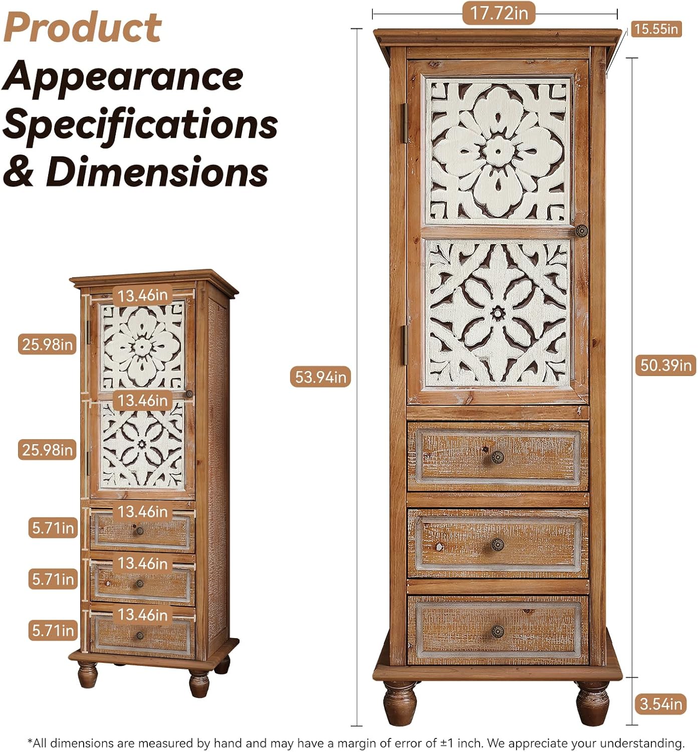 KTART 54''Tall Kitchen Pantry Cupboard Storage Cabine,Narrow Accent Cabinet | Solid Wood Frame;Farmhouse/French Country Narrow Corner Glass Display Cabinet;Narrow Storage Cabinet;Tall Accent Cabinet