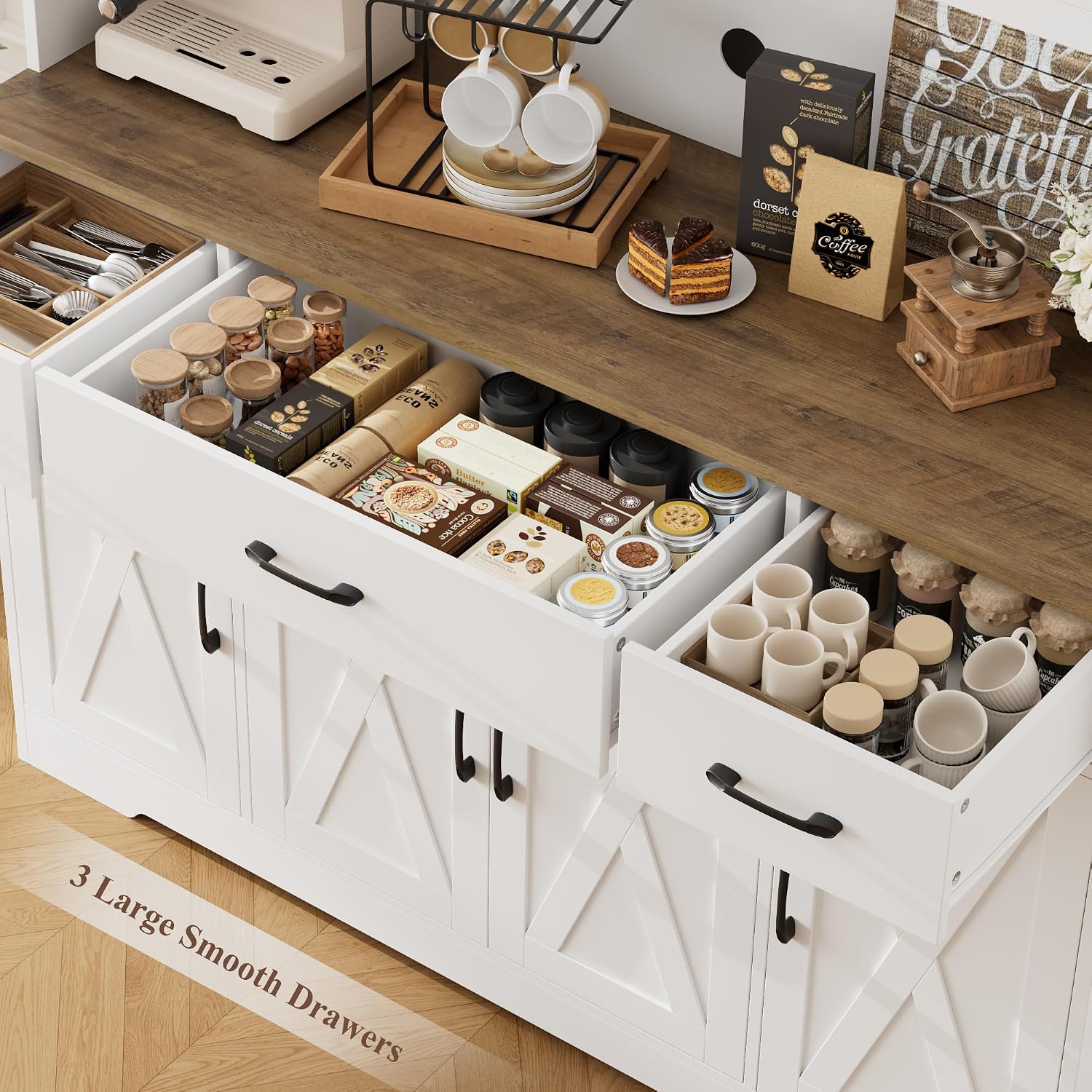 HOSTACK 71" Tall Kitchen Pantry Storage Cabinet, 55" W Kitchen Hutch, White | Large Pantry Cabinet with Charging Station / Countertop / 3 Drawers, Farmhouse Hutch Cabinet with Storage for Dining Room
