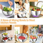 Mixing Bowls with Airtight Lids, Stainless Steel Mixing Bowl Set with 3 Metal Nesting Bowls, Colander & Grater, Non-Slip Bottoms, Size 1.5, 2.5, 6 QT, Great for Mixing & Serving, Mutilcolor
