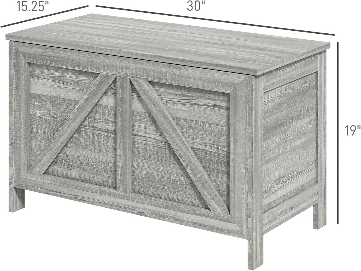 HOMCOM 30" Farmhouse Storage Bench Lift Top Storage Chest in Light Gray | Safety Hinge, Open Up 100°, Wooden Trunk, Bedroom, Entryway, Living Room