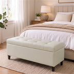 50.5 Inch Storage Ottoman Bench, Faux Leather Tufted Upholstered Bedroom Bench with Safety Hinges, Supports 300 lbs, Large Storage Bench for Living Room, Entryway (Cream)