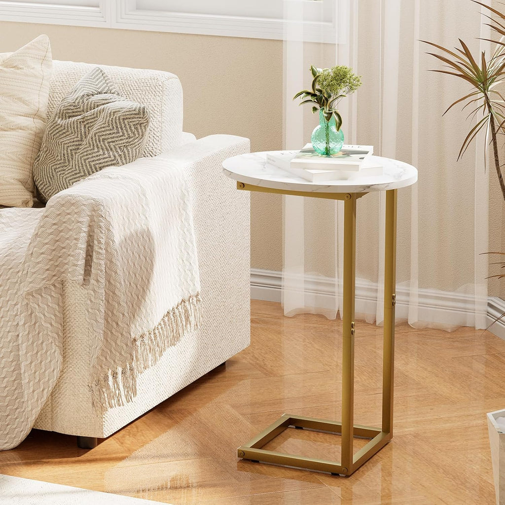 C Shaped End Table, Oval Couch Side Tables for Living Room, Sofa End Table with Metal Frame, Small Wooden Snack Table for Bedroom, Small Spaces, Easy Assembly, Gold