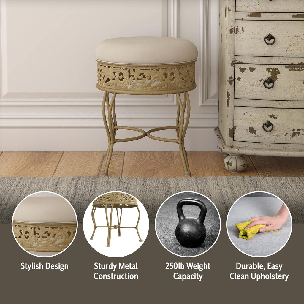 Hillsdale Villa III Backless Metal Vanity Stool with Ornate Lattice Detailing, Antique Beige