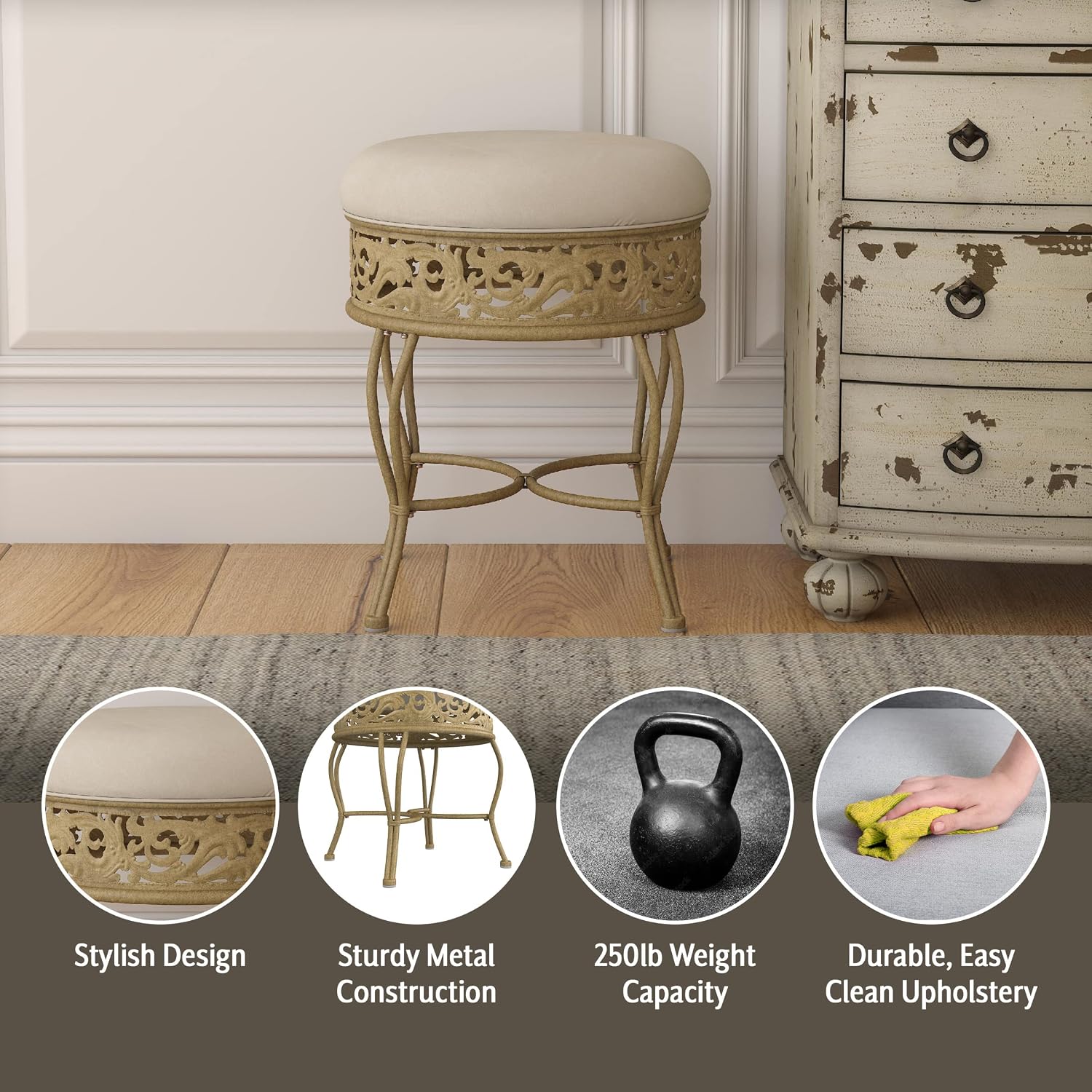 Hillsdale Villa III Backless Metal Vanity Stool with Ornate Lattice Detailing, Antique Beige