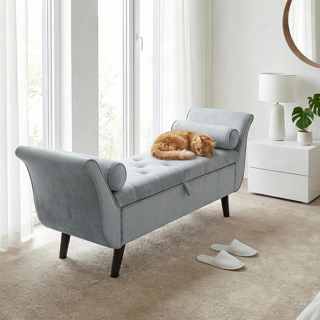 Velvet Bench for Bedroom End of Bed, 60.5 inch Upholstered Button Tufted Ottoman Bench with Rolled Arms, Button-Tufted Ottoman for Living Room, Entryway (Light Grey)
