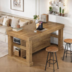 Tribesigns 55" Kitchen Island with Seating and Storage, 3-Tier Farmhouse Wood Stationary Island Table with Large Worktop & Leg Room, Coffee Bar Table with Storage Shelves for Kitchen, Natural Brown