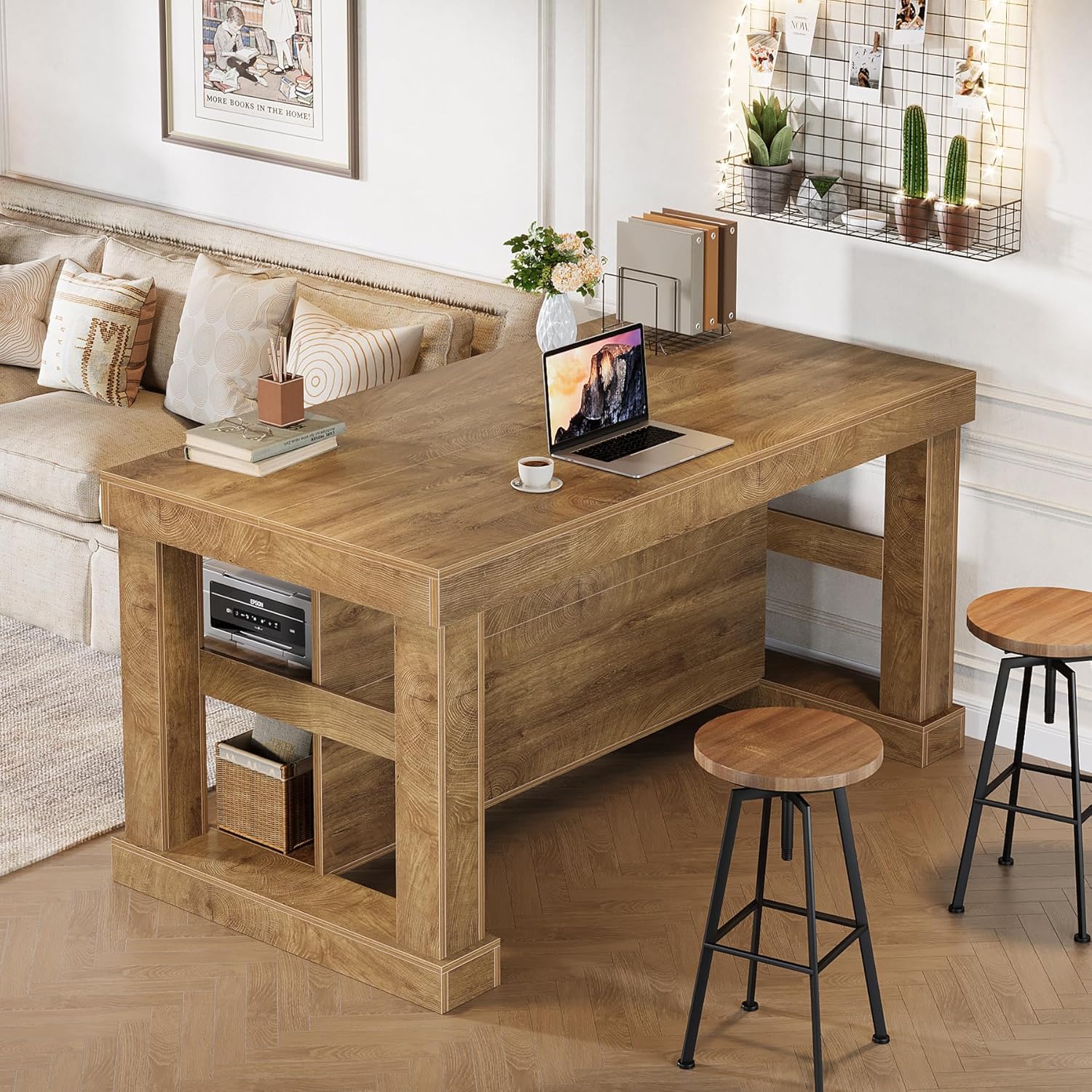 Tribesigns 55" Kitchen Island with Seating and Storage, 3-Tier Farmhouse Wood Stationary Island Table with Large Worktop & Leg Room, Coffee Bar Table with Storage Shelves for Kitchen, Natural Brown