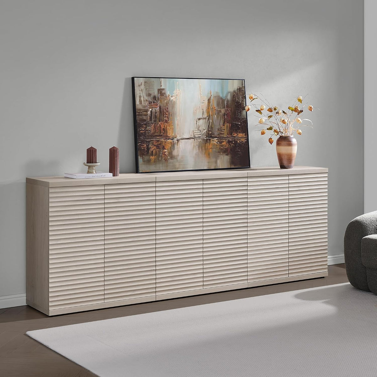 SICOTAS Buffet Cabinet with Storage Accent Sideboard Modern Credenza with Doors & Shelves Fluted Media Console Mid Century Coffee Bar Table for Living Room Kitchen Dining Room Hallway (3PCS)