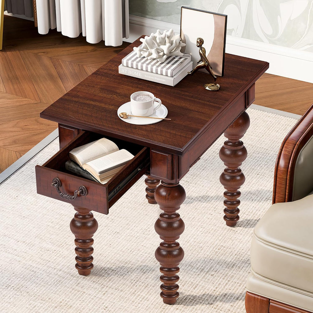 LKTART Wood End Table, Vintage Narrow Sofa Side Table with Storage Drawer, Bedside Table with Turned Wood Spindle Legs for Living Room Bedroom Small Space Home Office, No-Tools Assembly(Walnut)