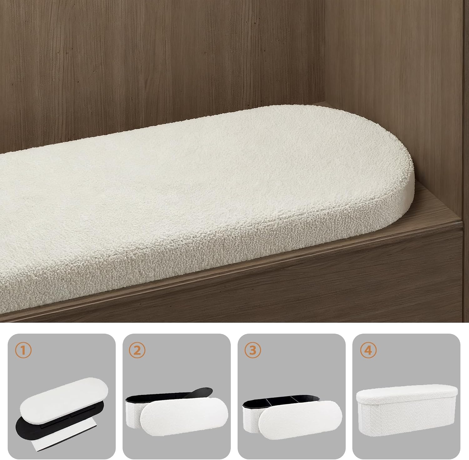 GLAXYFUR Oval Ottoman with Storage for Living Room, Sherpa Bench, Beige | 43.3 Inches Folding Chest, Foot Rest, End of Bed Bench for Bedroom, Hallway