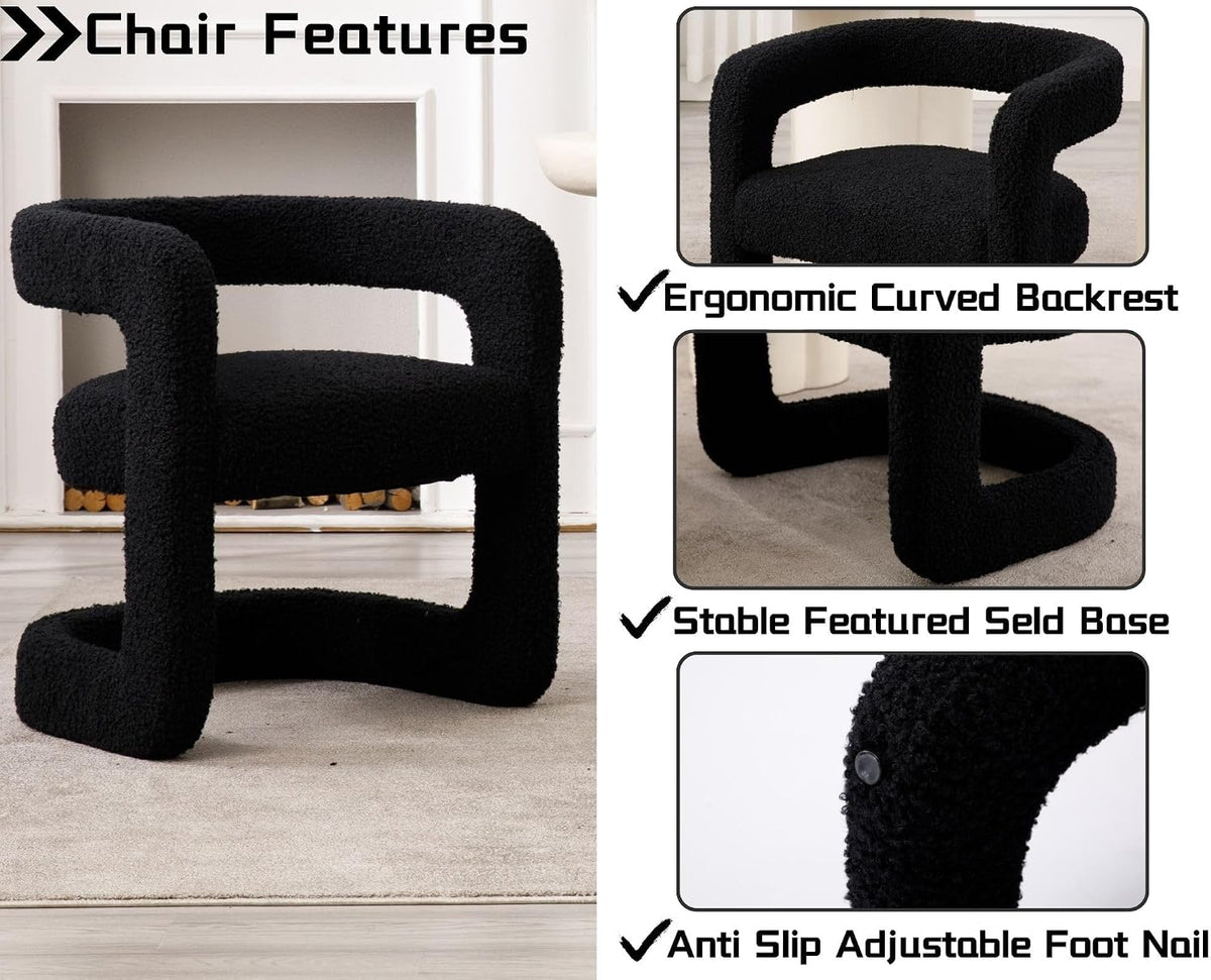 Black Barrel Dining Chairs Set of 6, Modern Boucle Upholstered Dining Room Chairs with Open Back & Sled Base, No Assembly Kitchen Arm Chairs, Comfy Accent Makeup Vanity Chair for Living Room Bedroom