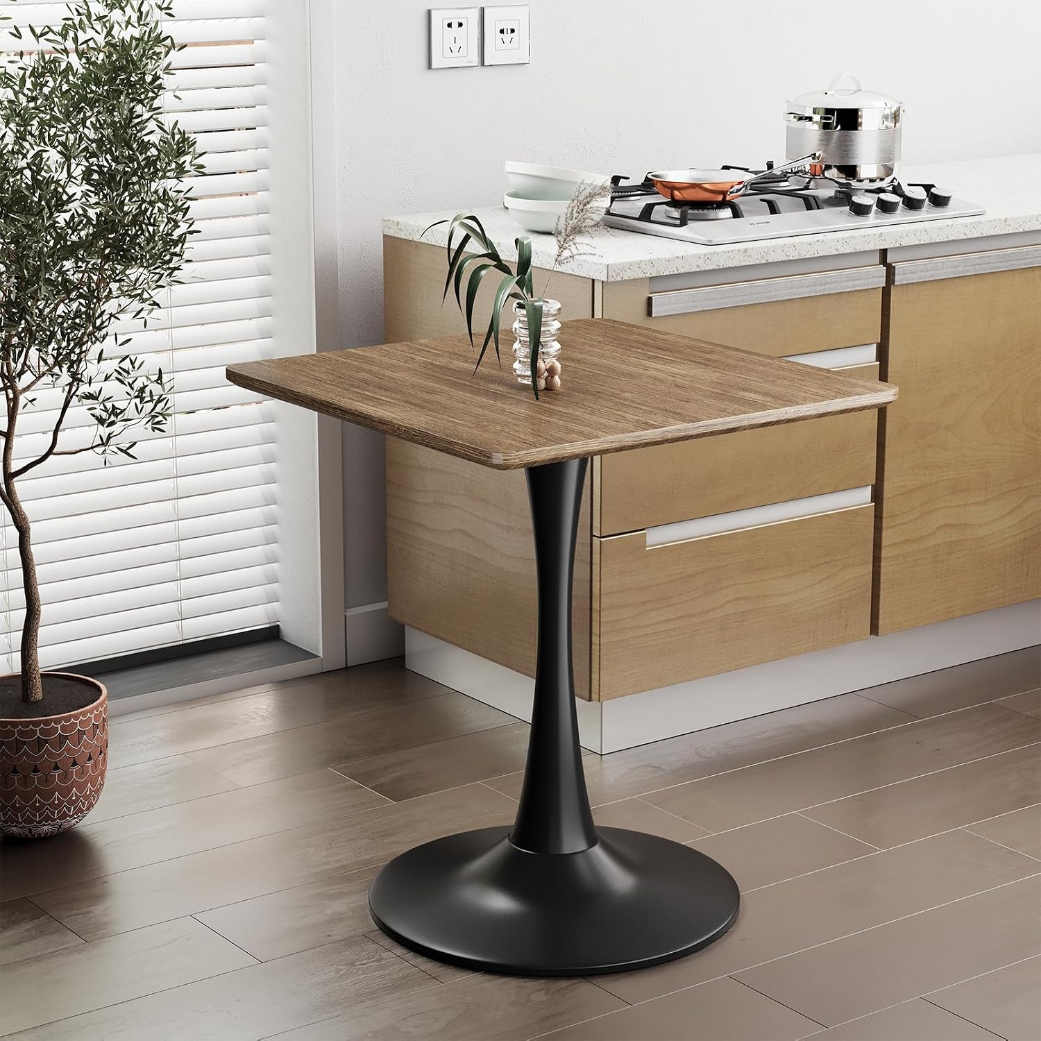 Walnut Square Tulip Table for 2, 24 Inch Small Dining Table with Metal Pedestal Base for Kitchen, Mid-Century Modern Table with Round Corners for Living Room, Cafe and Home Office