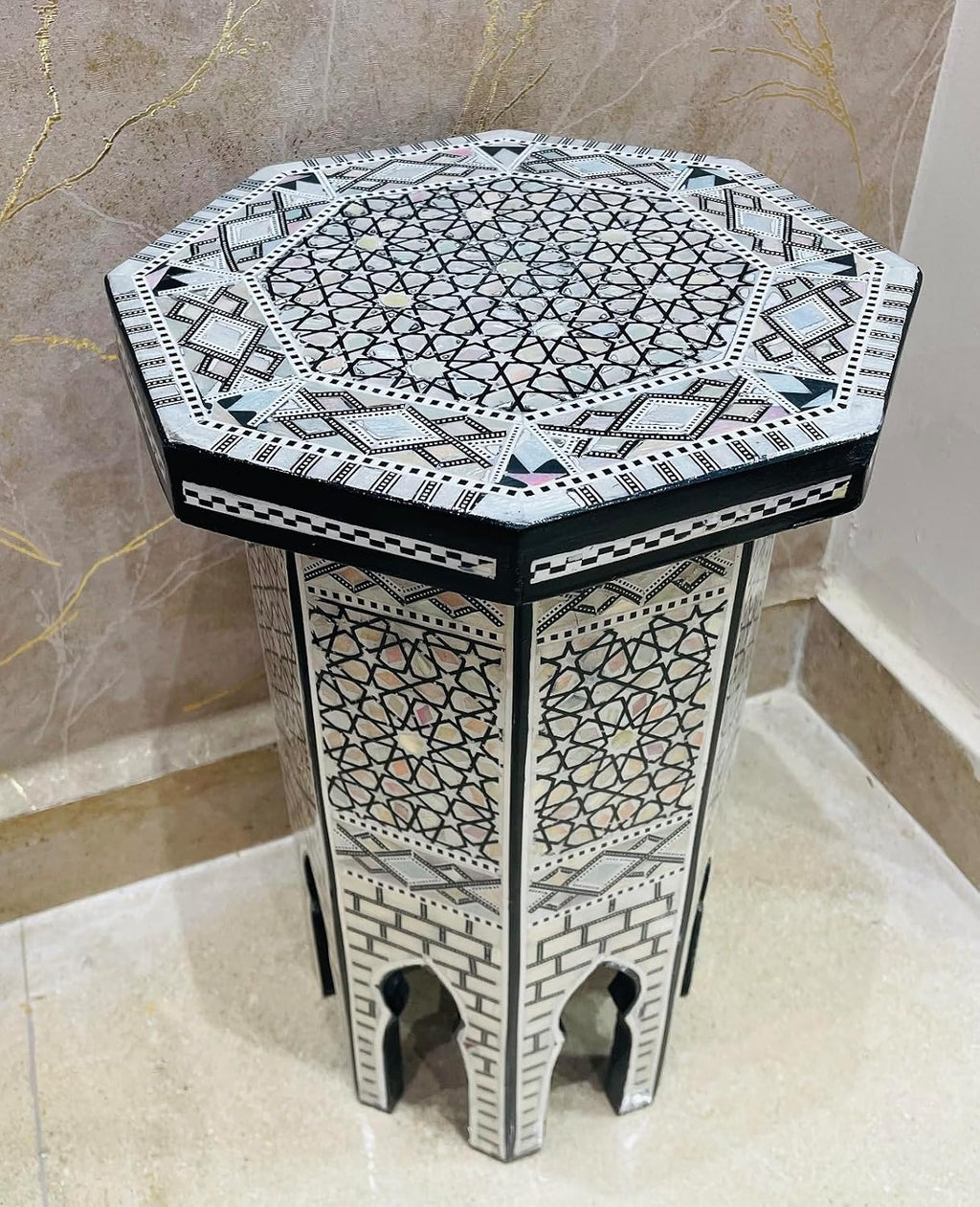 Morrocan Table Design Mother of Pearl Inlaid,Arabic Side Corner cofee Table for Living Room (Classic A)