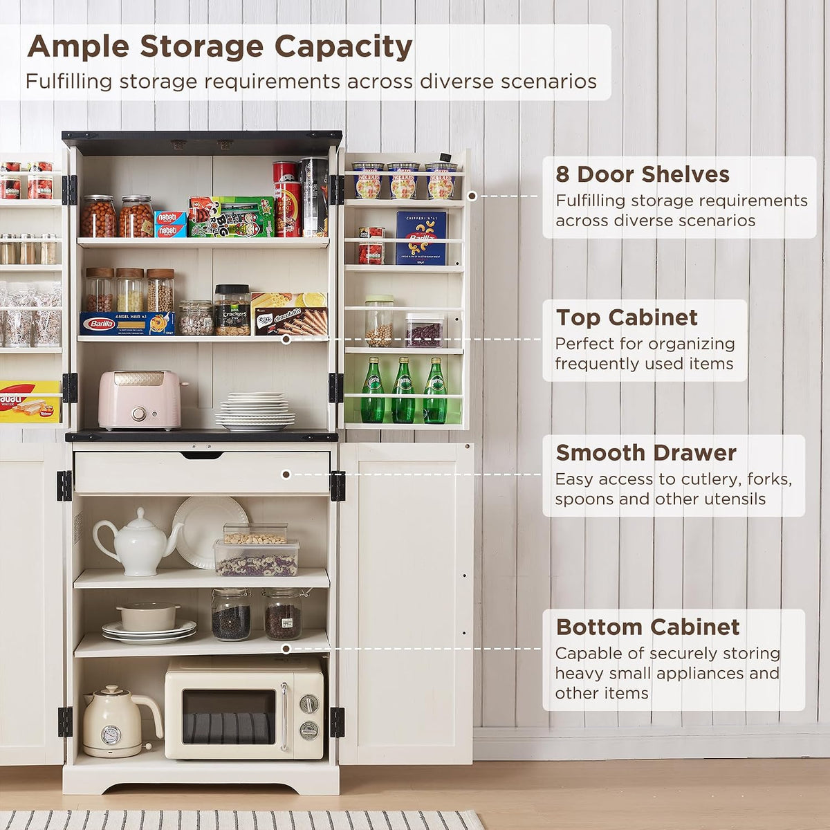 ACCOHOHO 72" Tall Wooden Pantry Storage Cabinet with Door Shelves & Drawer | Farmhouse, Barn Doors, Adjustable Shelves, Freestanding, Anti-tip Kit, for Kitchen, Dining Room, Living Room