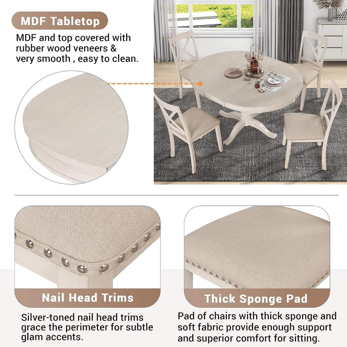 Harper & Bright Designs Modern Dining Table Set for 4,Round Table and 4 Kitchen Room Chairs,5 Piece Kitchen Table Set for Dining Room,Dinette,Breakfast Nook,Antique White