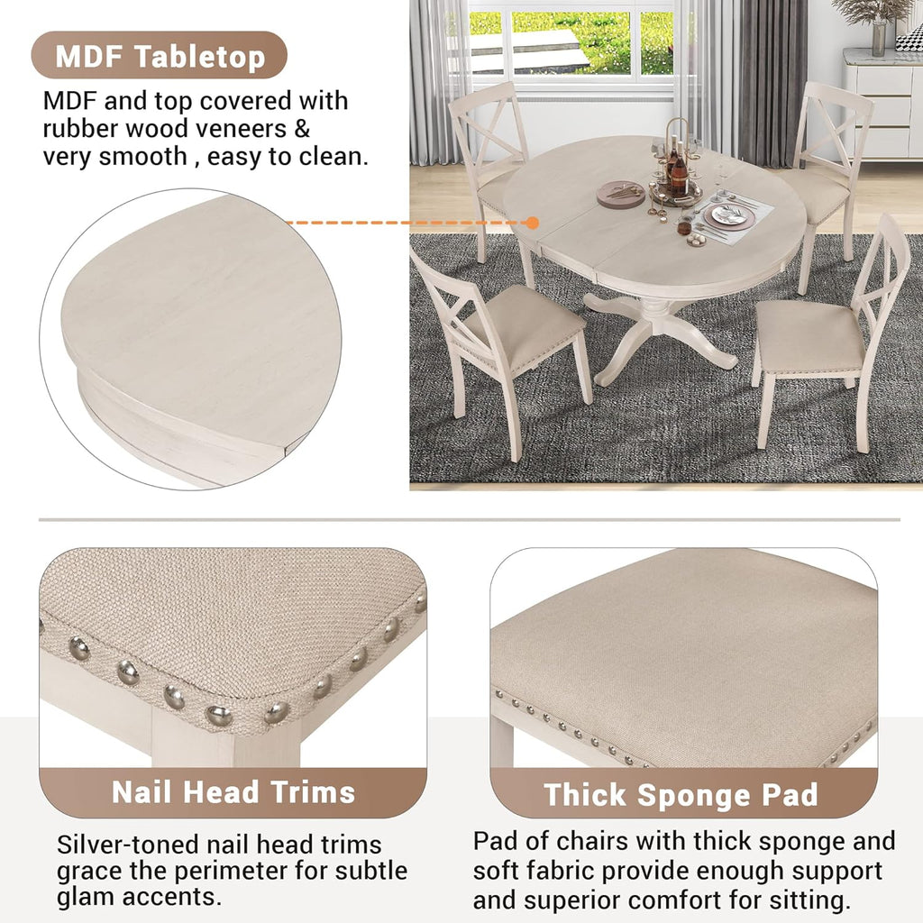 Extendable Dining Table Set for 4, 5 Piece Kitchen Table and Chairs Set, 4 X-Back Solid Wood Dining ChairSet, Industrial Oval Round Dining Table for Small Space, Apartment, French Country White