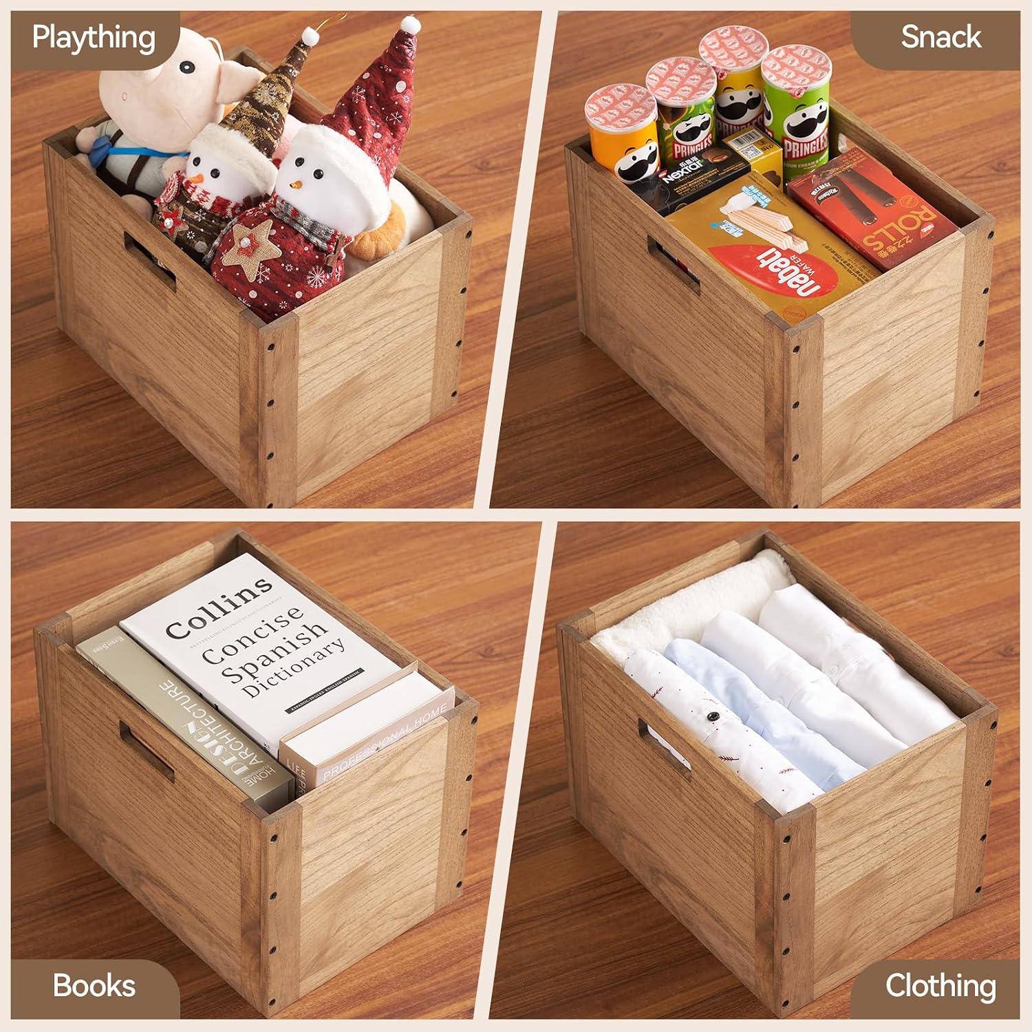 KIRIGEN Stackable Wood Storage Cube with Handles, Open Cubby Bin, Brown