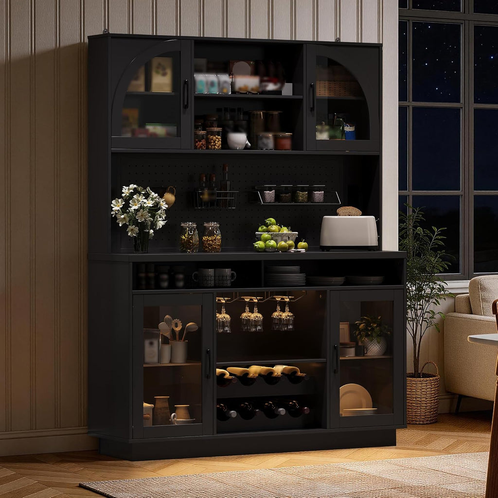 BINGTOO 71" Tall Kitchen Pantry Cabinet with Charging Station, 54" Large Kitchen Hutch with LED Lights & Pegboard, Coffee Bar Cabinet with Wine Rack and Adjustable Shelves (Black, 1 Cabinet)