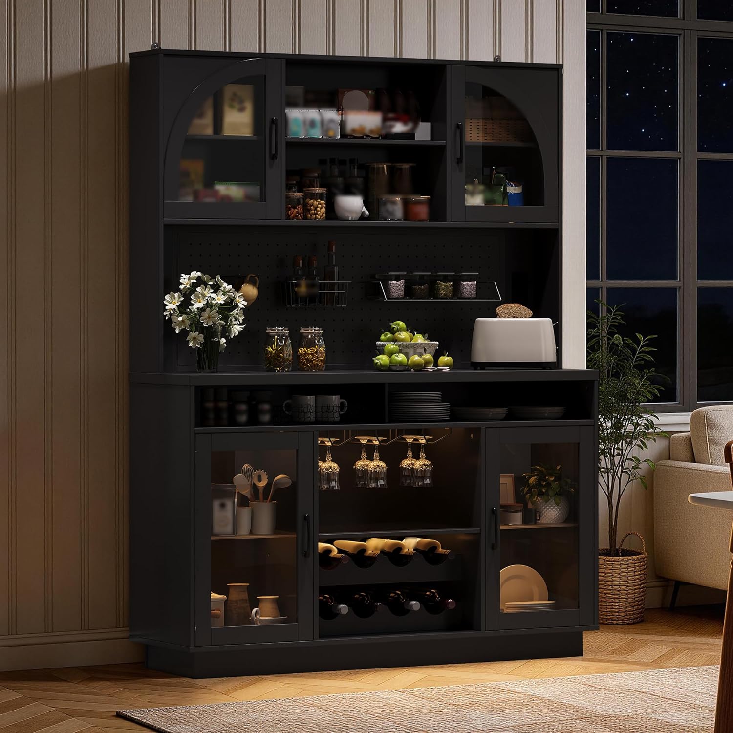 BINGTOO 71" Tall Kitchen Pantry Cabinet with Charging Station, 54" Large Kitchen Hutch with LED Lights & Pegboard, Coffee Bar Cabinet with Wine Rack and Adjustable Shelves (Black, 1 Cabinet)