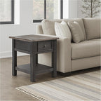 BOWERY HILL Contemporary Wood End Table, Grayish Brown and Black Finish, 1 Drawer and Bottom Shelf, Dark Bronze-Tone Hardware, 25.13" H x 24" W x 27" D, Shabby Chic Living Room Accent