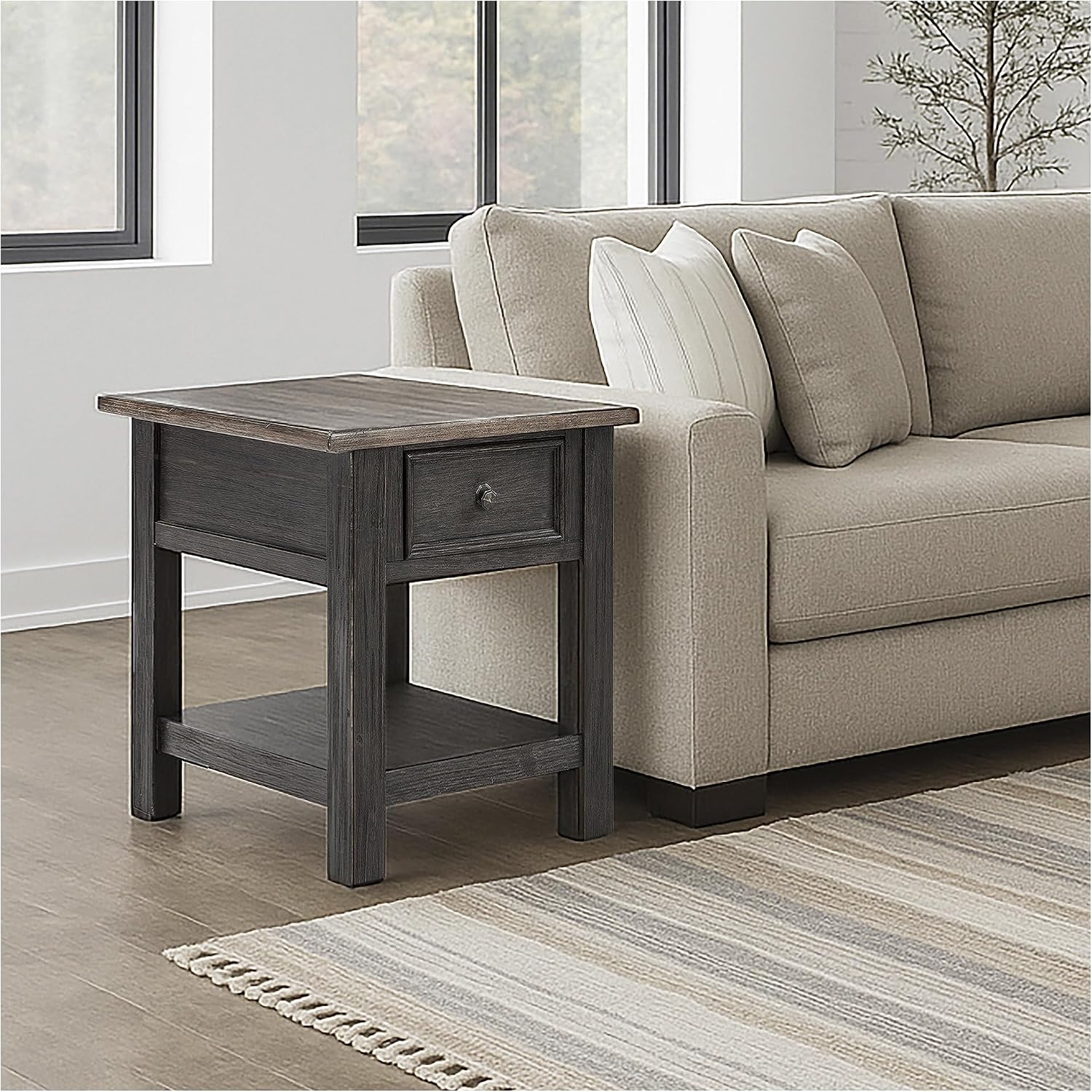 BOWERY HILL Contemporary Wood End Table, Grayish Brown and Black Finish, 1 Drawer and Bottom Shelf, Dark Bronze-Tone Hardware, 25.13" H x 24" W x 27" D, Shabby Chic Living Room Accent